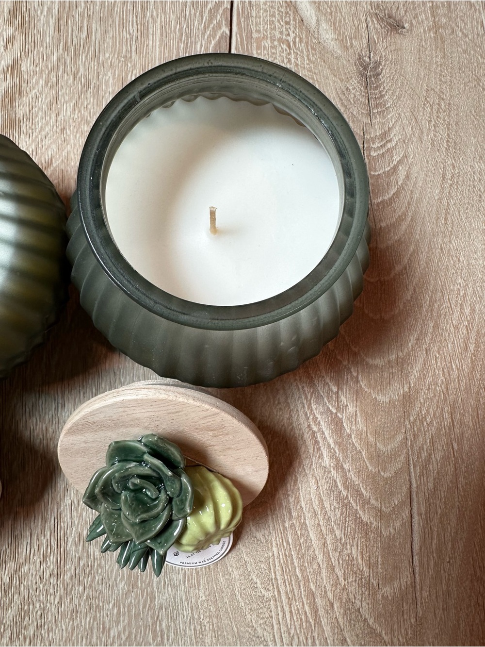 Green Ceramic Succulent Candle Jar with Wooden Lid set of 2 - Picture 9 of 11